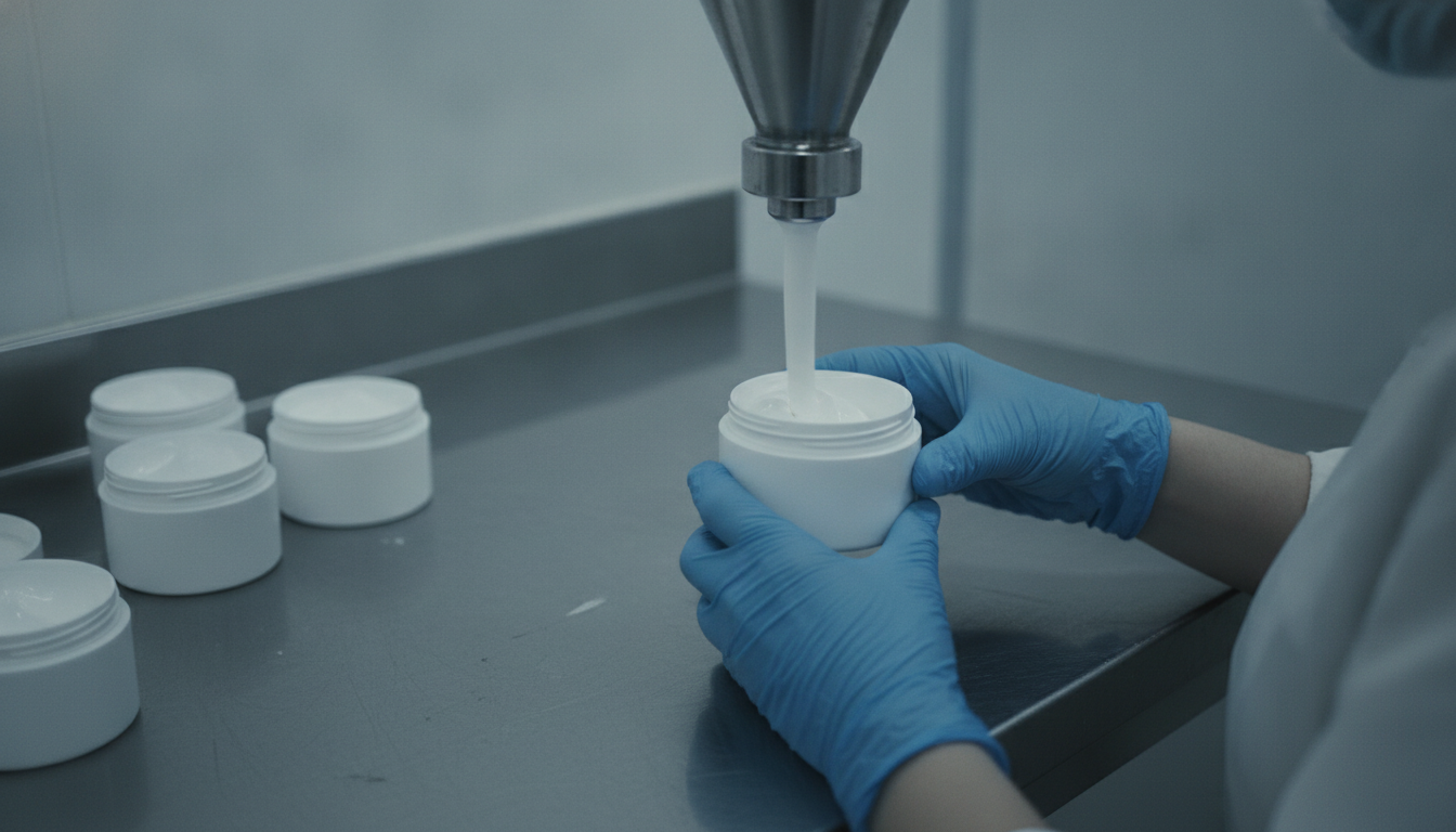 Cream jars being filled on a cosmetic manufacturing line